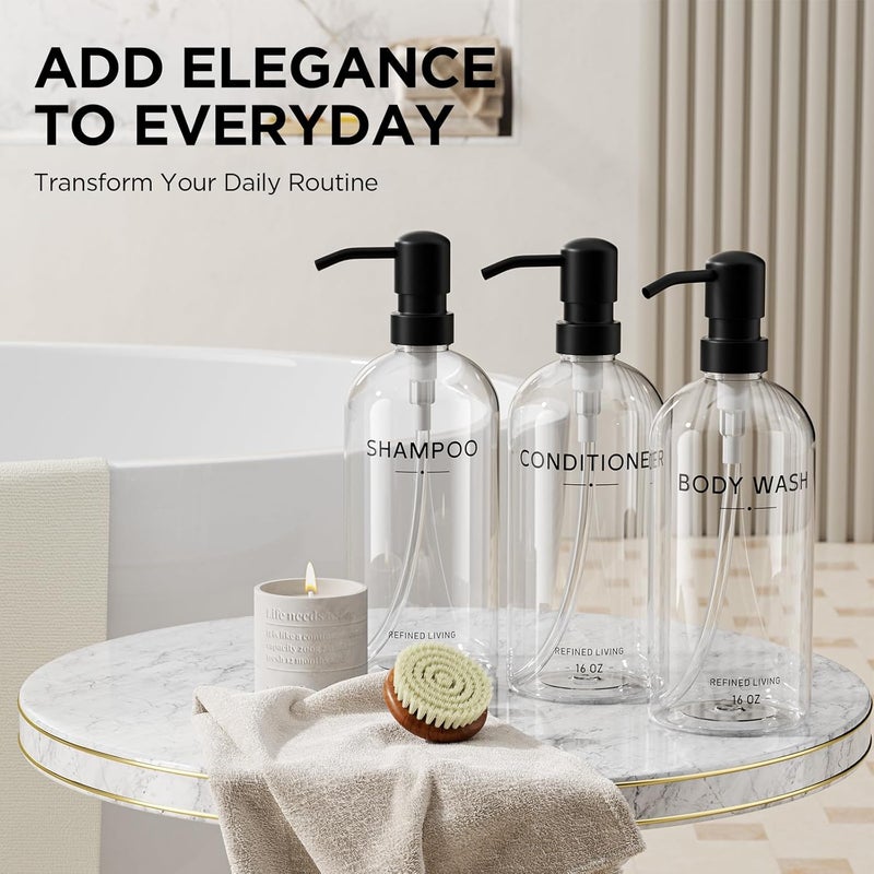 Aeakey Shampoo and Conditioner Dispenser Set,3 Refillable 16oz Bottles with Stainless Steel Pumps – Shower Soap Dispensers for Bathroom, Hotel or Airbnb (Transparent, 3-Pack) - Image 3